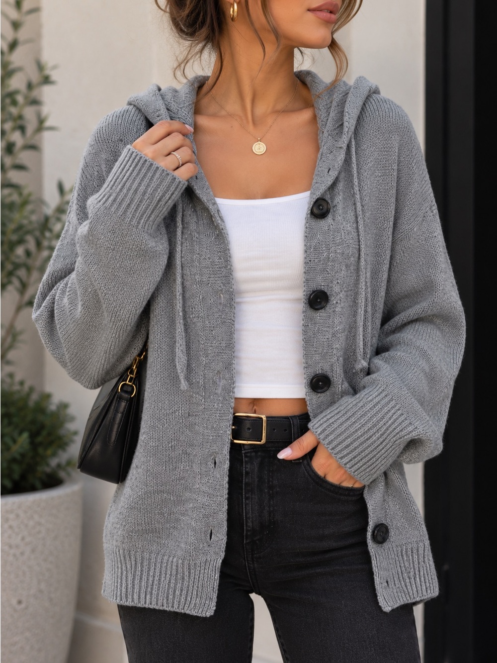 COMMENSE Button Drawstring Hooded Cardigan – Grey